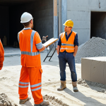 **Image:** A construction site with workers actively listening to a materials expert who is explaining different cement options, showing genuine concern and empathy for their questions. The scene should be bright and collaborative.