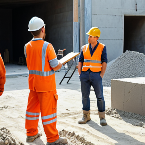 **Image:** A construction site with workers actively listening to a materials expert who is explaining different cement options, showing genuine concern and empathy for their questions. The scene should be bright and collaborative.