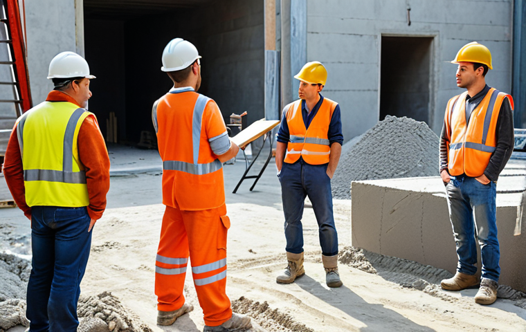 **Image:** A construction site with workers actively listening to a materials expert who is explaining different cement options, showing genuine concern and empathy for their questions. The scene should be bright and collaborative.